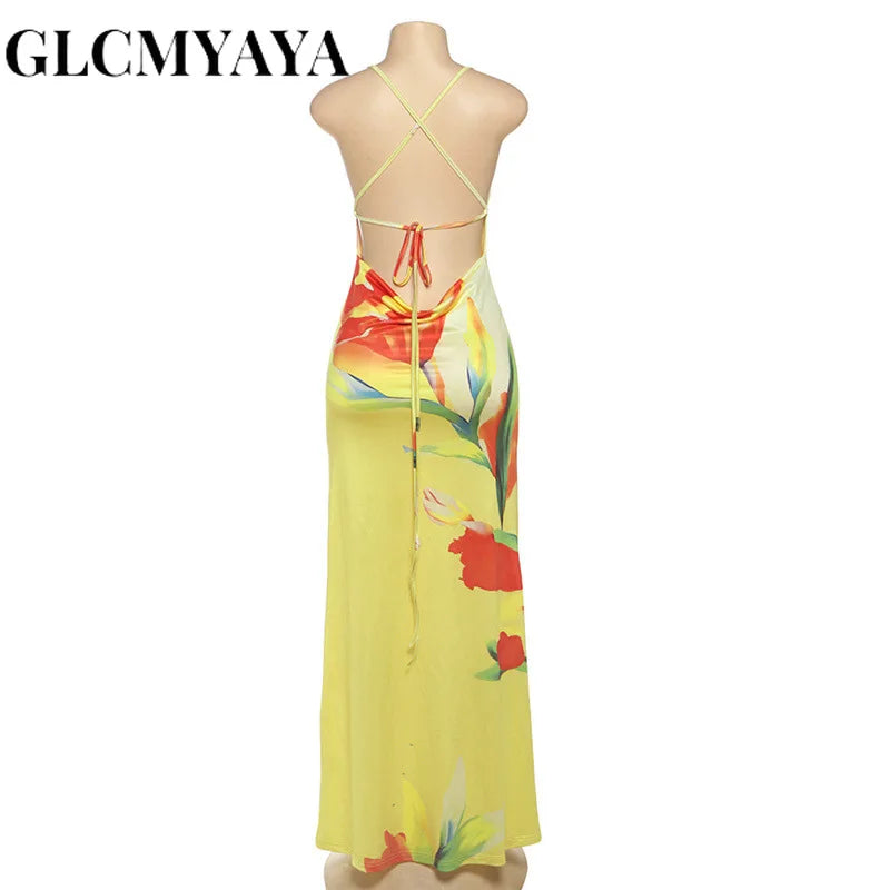 GLCMYAYA Women Floral Printed Bodycon Midi Backless Satin Maxi Long Dress 2025 Vacation Holiday Party Birthday Dresses Vestidos