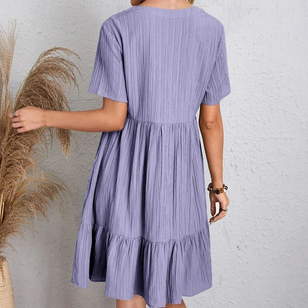 Summer Womens Short Sleeve Mini Dress Ladies Pleated Ruffle Solid Dresses Casual V Neck Vintage Loose Vestidos
