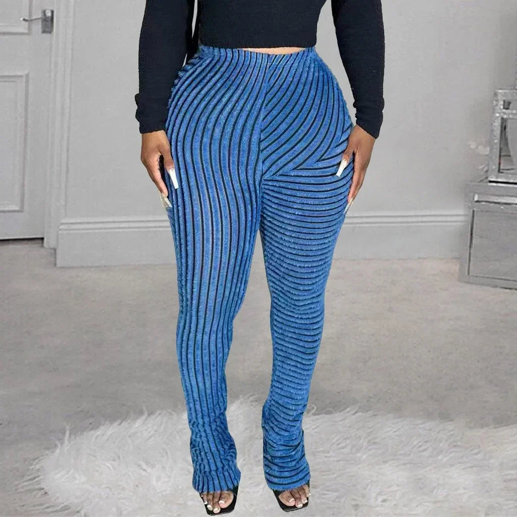 FAGADOER Stripe Plush Stacked Pants Women Casual Solid Color Fur Patchwork Flare Trousers Y2K Female Streetwear Bottoms 2025 New