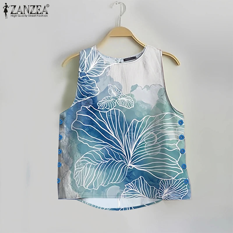 ZANZEA Womens 2025 Summer Casual Floral Printed Tank Tops Fashion O-Neck High-Low Sleeveless T-Shirts Day Wear Simple Camis Tops