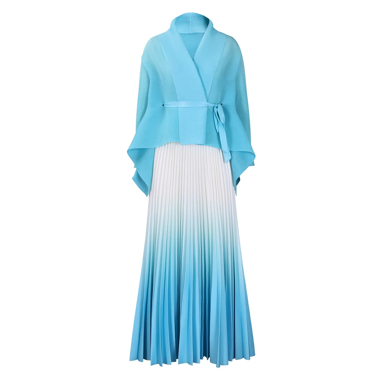 CM.YAYA Gradient Women's Set Full Sleeve Belt Blouse Shirt +Pleated Long Skirts Suit Street Two 2 Piece Set Outfit Tracksuit
