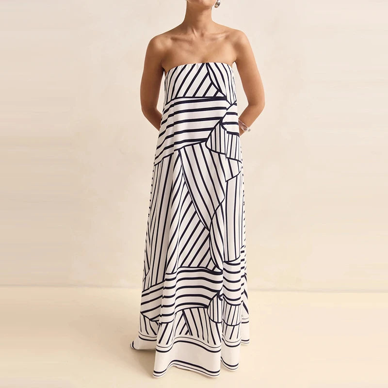 Casual Off Shoulder High Waist Loose Long Dress Backless Printed Holiday Women Dresses Summer Sexy Strapless Pleated Beach Dress