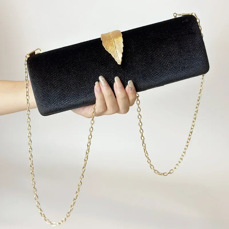 2025 Luxury Velvet Evening Clutch Bag Crystal Leaf Clasp Chain Handheld Purse for Gala Dinners Weddings Cocktail Parties