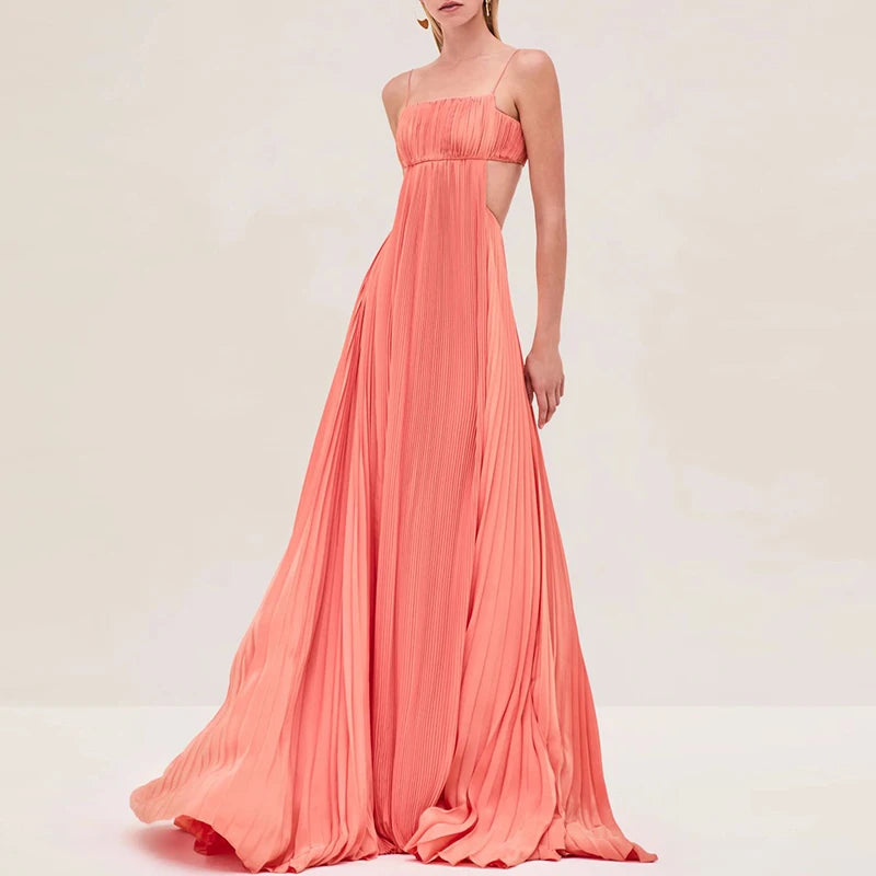 Sexy Lady Backless Solid Swing Dress Elegant Sleeveless Hollow Long Dress Fashion Off Shoulder High Waist Pleated Evening Dress