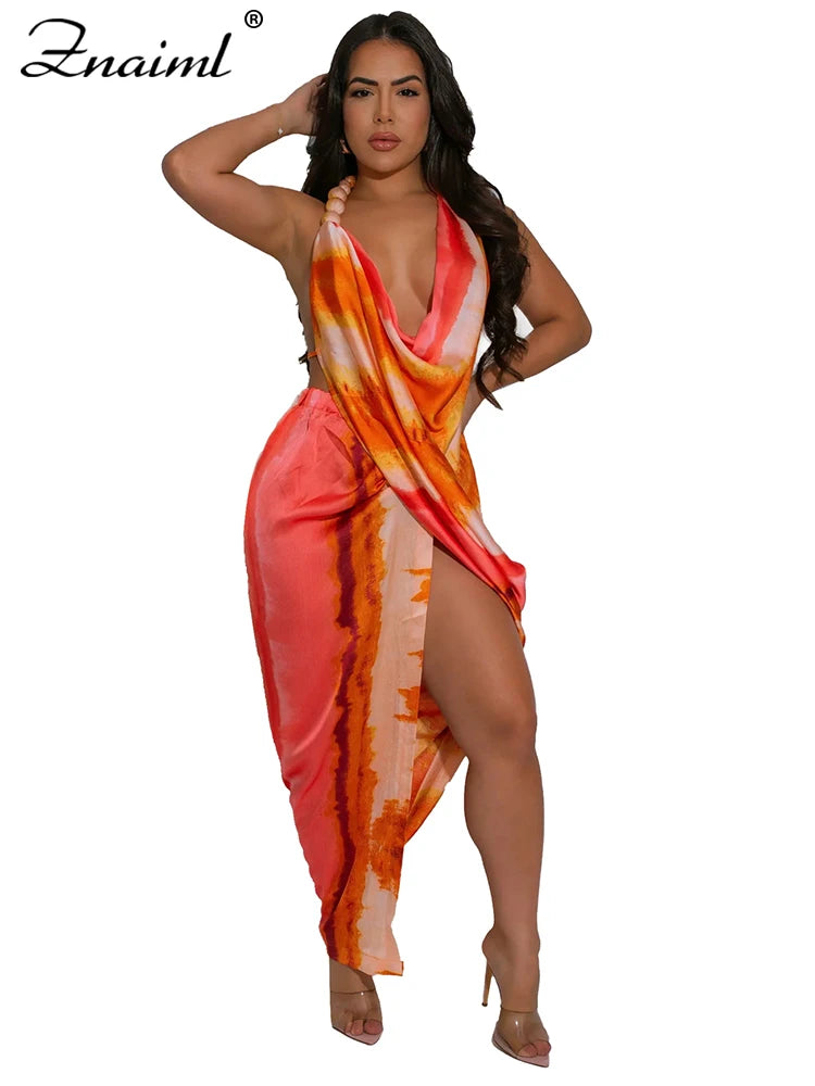 Znaiml Sexy Beach Vacation Deep V-neck Bead Halter Sleeveless Backless Dress Women Fashion High Split Printed Night Club Robe
