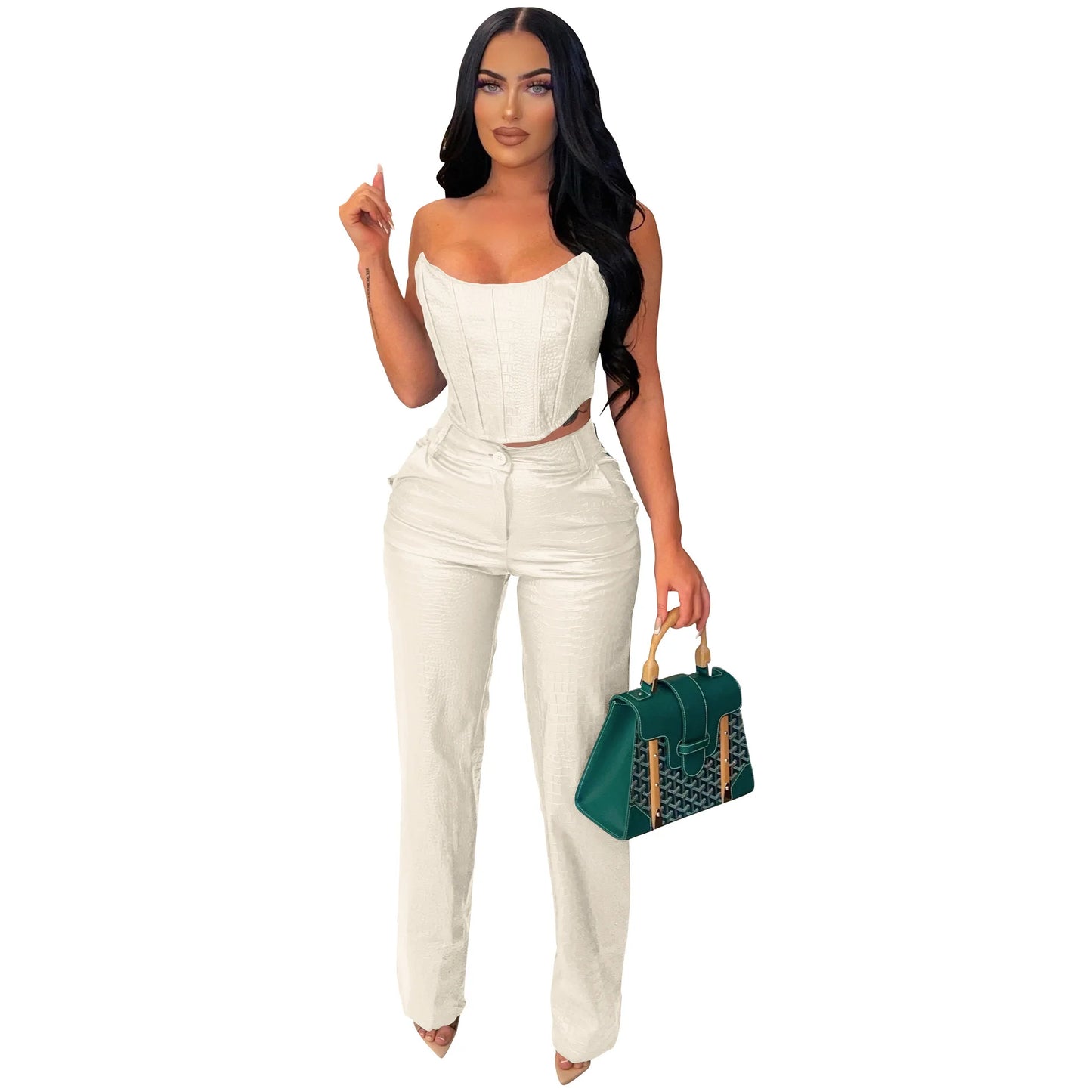 Green Faux Leather Corset Cut-Out Cargo Sleeveless Jumpsuit Set for Women