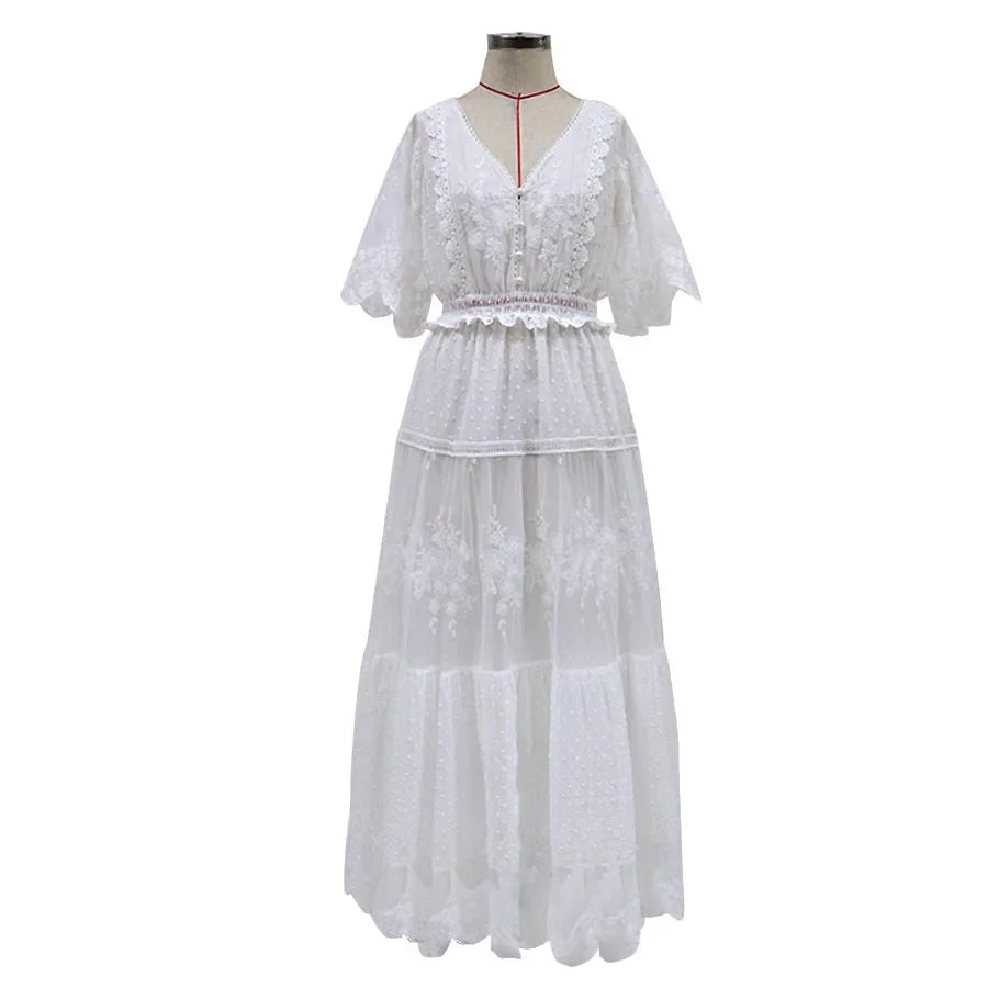 Summer Women V-Neck Embroidery Slim-Fit Short Sleeve Long Dress Beach Bohemian Wedding White Lace Dress