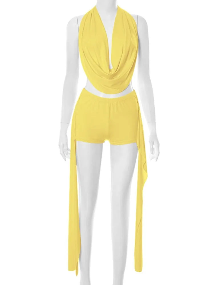 Joskaa 2025 Summer Beach Style 2 Piece Sets Women Sexy Backless Bandage Halter Tops and Ribbons Shorts Matching Vacation Outfits