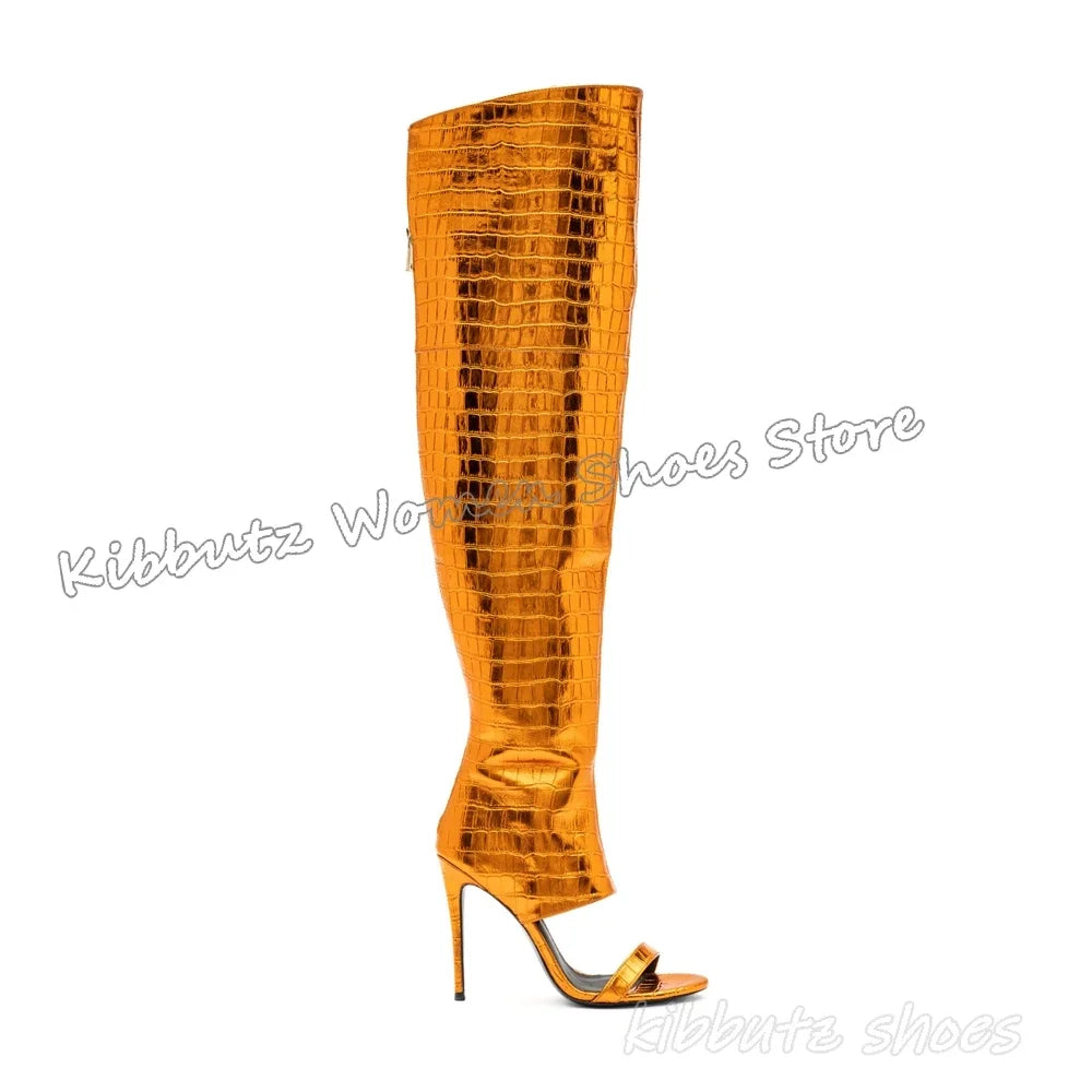 Sandal Boots Over The Knee Leather Solid Color Back Zippers Round Toe Thin Heel Fashion Elegant Concise Sexy Novelty Women Shoes