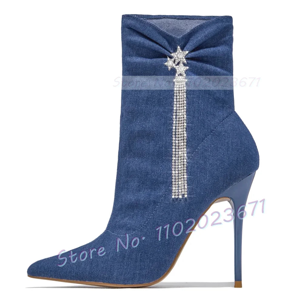 Pink Crystal Rhinestone Fringe High Heel Ankle Boots for Women