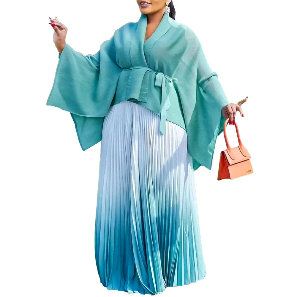 CM.YAYA Gradient Women's Set Full Sleeve Belt Blouse Shirt +Pleated Long Skirts Suit Street Two 2 Piece Set Outfit Tracksuit