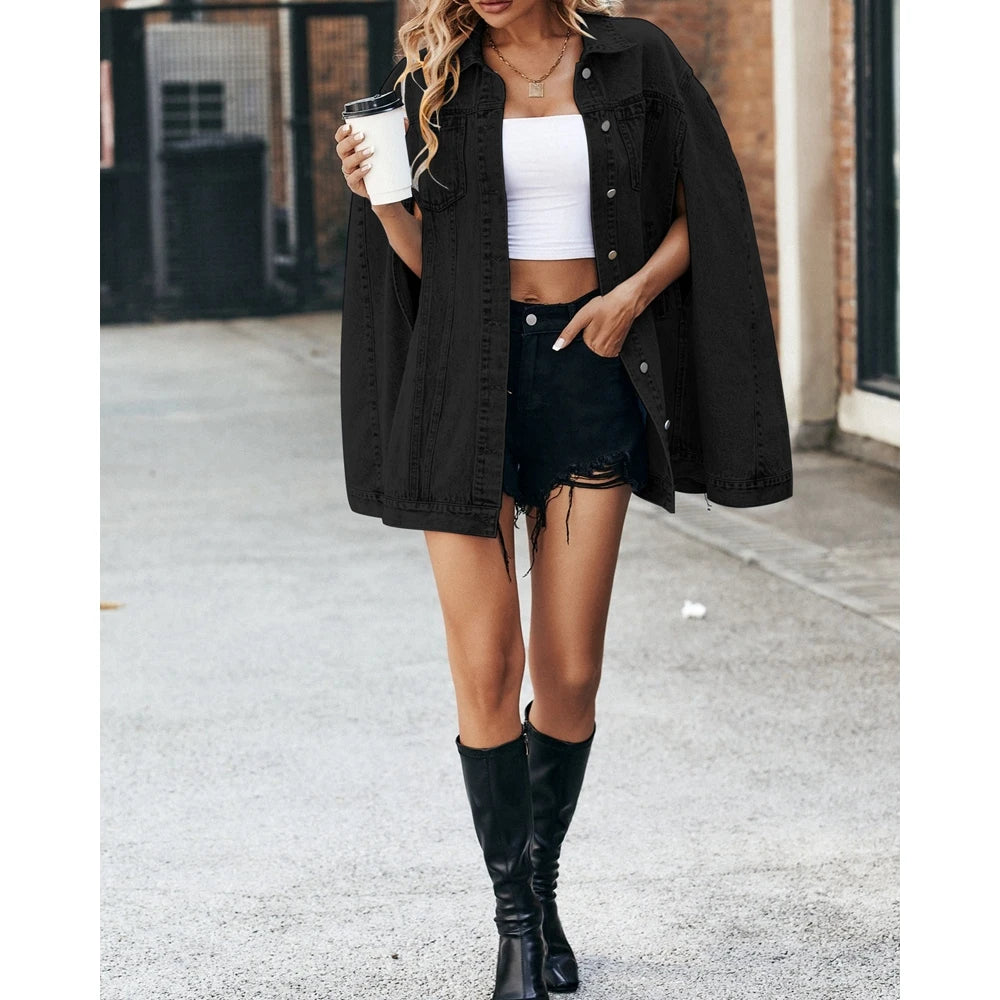 Elegant Women Buttoned Turn-down Collar Denim Coat Femme Fashion Cut Out Sleeveless Pocket Design Loose Jackets Autumn Outfits