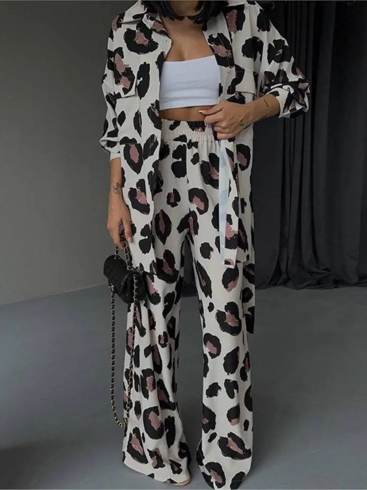 Fashion Leopard Print Women's Two Piece Sets Elegant Casual Button Streetwear Long Sleeve Shirt And Wide Leg Pants 2 Piece Sets