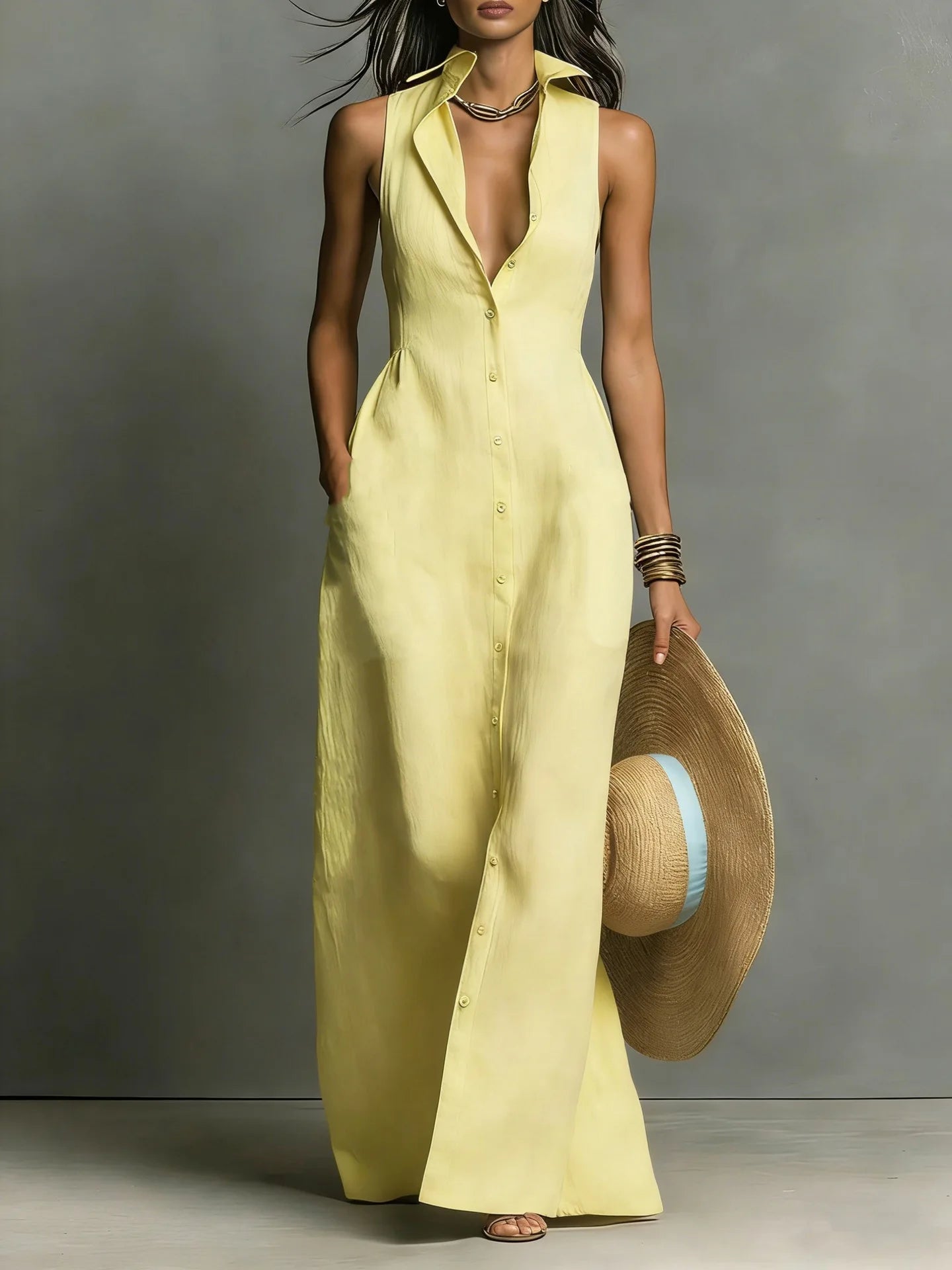 Elegant Deep V Neck Button Pocket Maxi Dress for Women