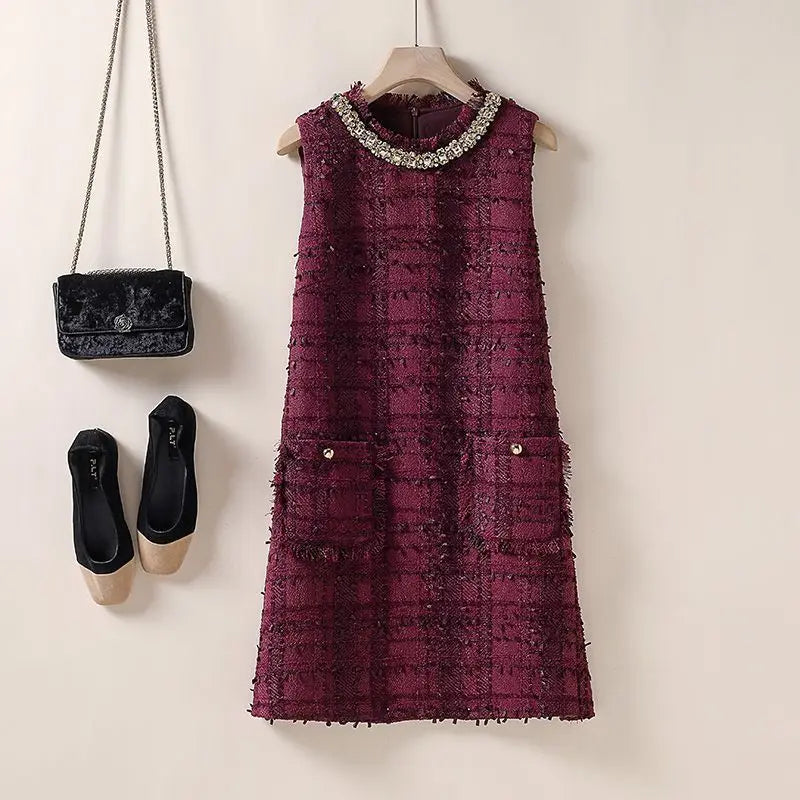 Elegant Tweed Beaded Pocket A-Line Dress for Women