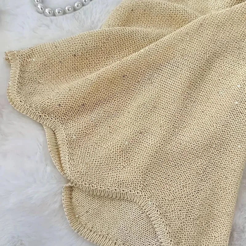Women Sexy U Neck Sequin Party Shirt 2025 Spring Solid See Through Hollow Top Pullover 2025 Summer Sleeveless Loose Tank T-shirt