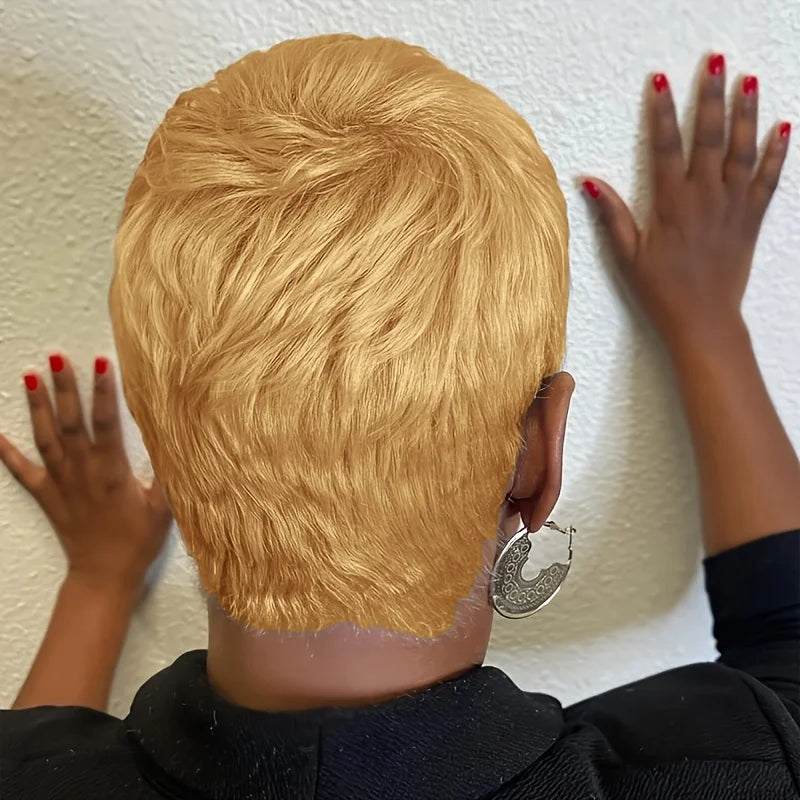 Women's Pixie Cut Wig 6 Inch Brazilian Remy Wavy Human Hair Layered Style Natural Look for full Machine wig