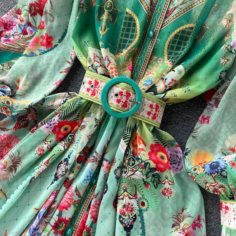 Women's Turtleneck Lantern Sleeve Single Breasted Flower Print Maxi Dress Autumn Bohemian Chiffon Green Belt Holiday Vestidos