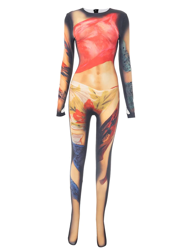 Weird Puss Colorful Print Jumpsuit Women Sexy o-Neck Full Sleeve Skinny Peach Hip Hot Girls Street Fashion Wild Style Overalls
