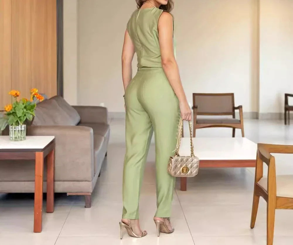 Fashion Women's Two Piece Set New Solid Round Neck Sleeveless Top and High Waist Pants Suit for Female Streetwear 2024 Summer