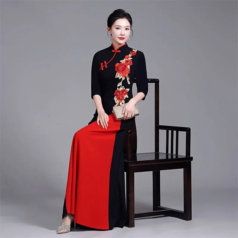 2025 Summer Women New Middle aged Elderly Dress Improved High end Non Ironing Show Elegant Slim And Long Embroide Red Dress 6XL
