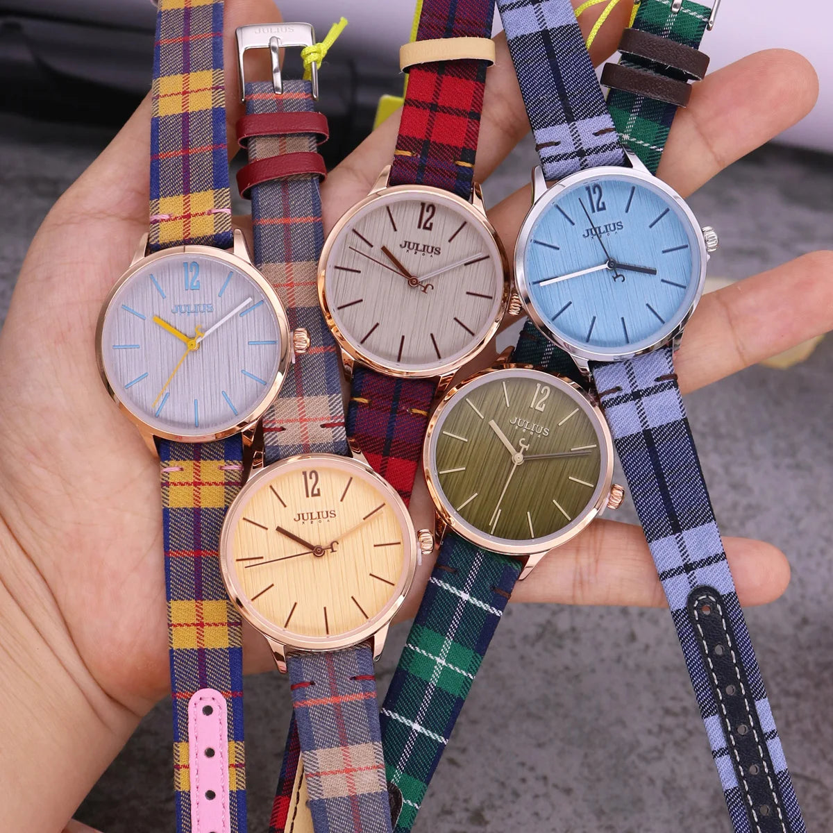 New Julius Women's Watch Fine Fashion British Plaid Style Hours Dress Bracelet Real Leather Clock Girl Birthday Gift Box
