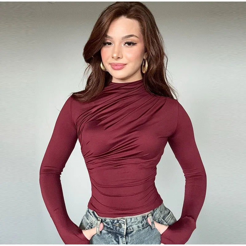 Women Tees Sexy Turtleneck Long Sleeve Pleated All-match Basic Lady T-shirts 2025 Spring Autumn Fashion Chic Female Streetwears