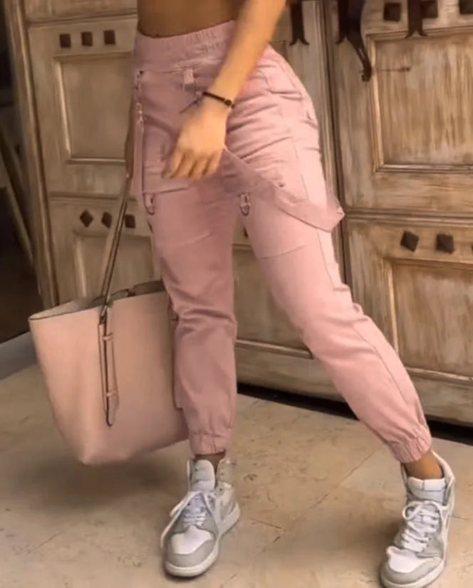 Women's Cargo Pants Casual Trousers 2024 Spring Autumn Solid Color Trend Street Pocket Design Cuff Suspenders Streetwear Women