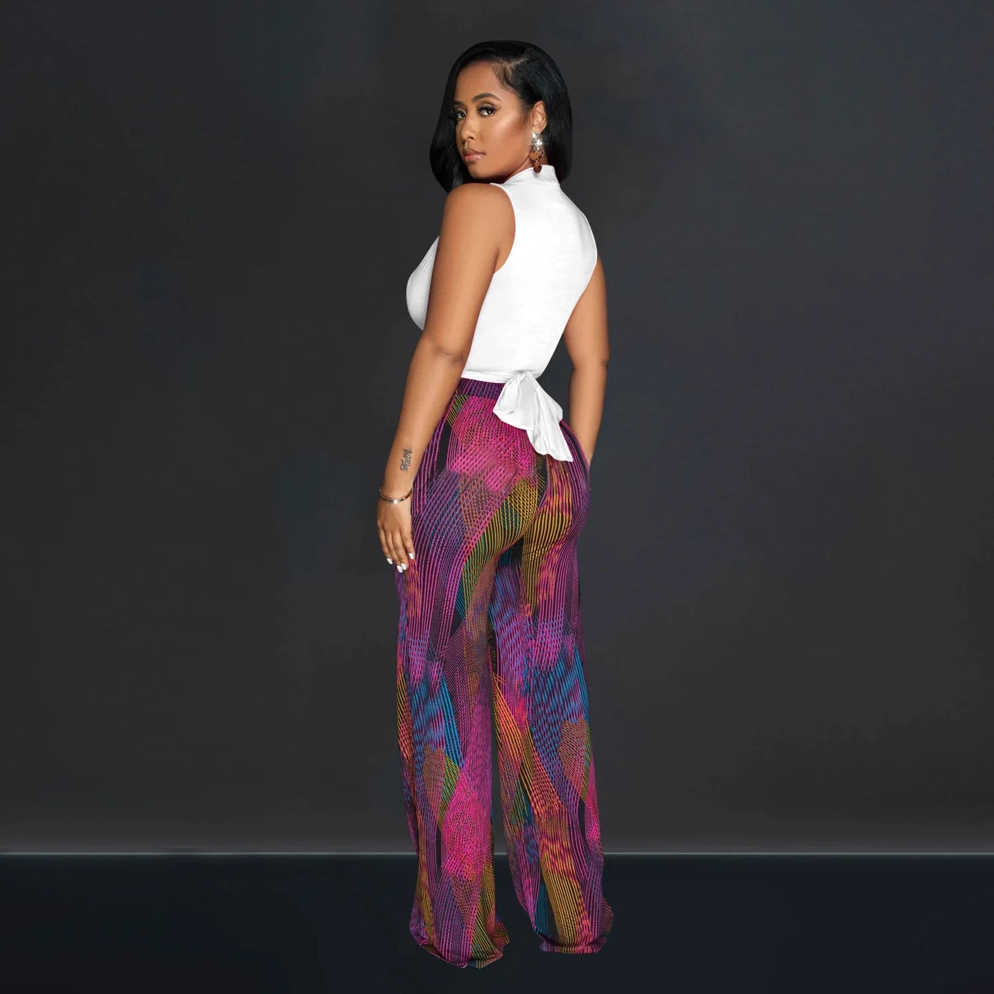 CM.YAYA Women's Set Wrap V-neck Tie Up Tank Top and Galaxy Striped Wide Leg Pants 2023 Street Two 2 Piece Sets Outfits Tracksuit
