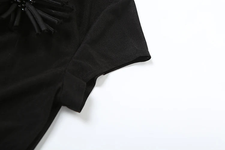 Weird Puss Tassel Applique Crop Tops Women Single-Breasted Half-High Neck Tassel Midnight Hottie Versatile Street Skinny T-Shirt