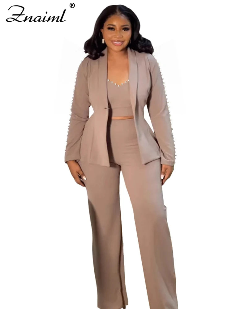 Znaiml Elegant Office Lady Pearl Patchwork 3 Pieces Set Woman‘s Long Sleeves Coat + Vest + Straight Pants Work Matching Outfits
