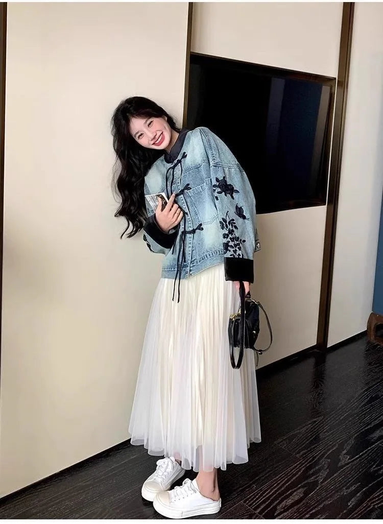 Plus Size Embroidered Denim Jacket
