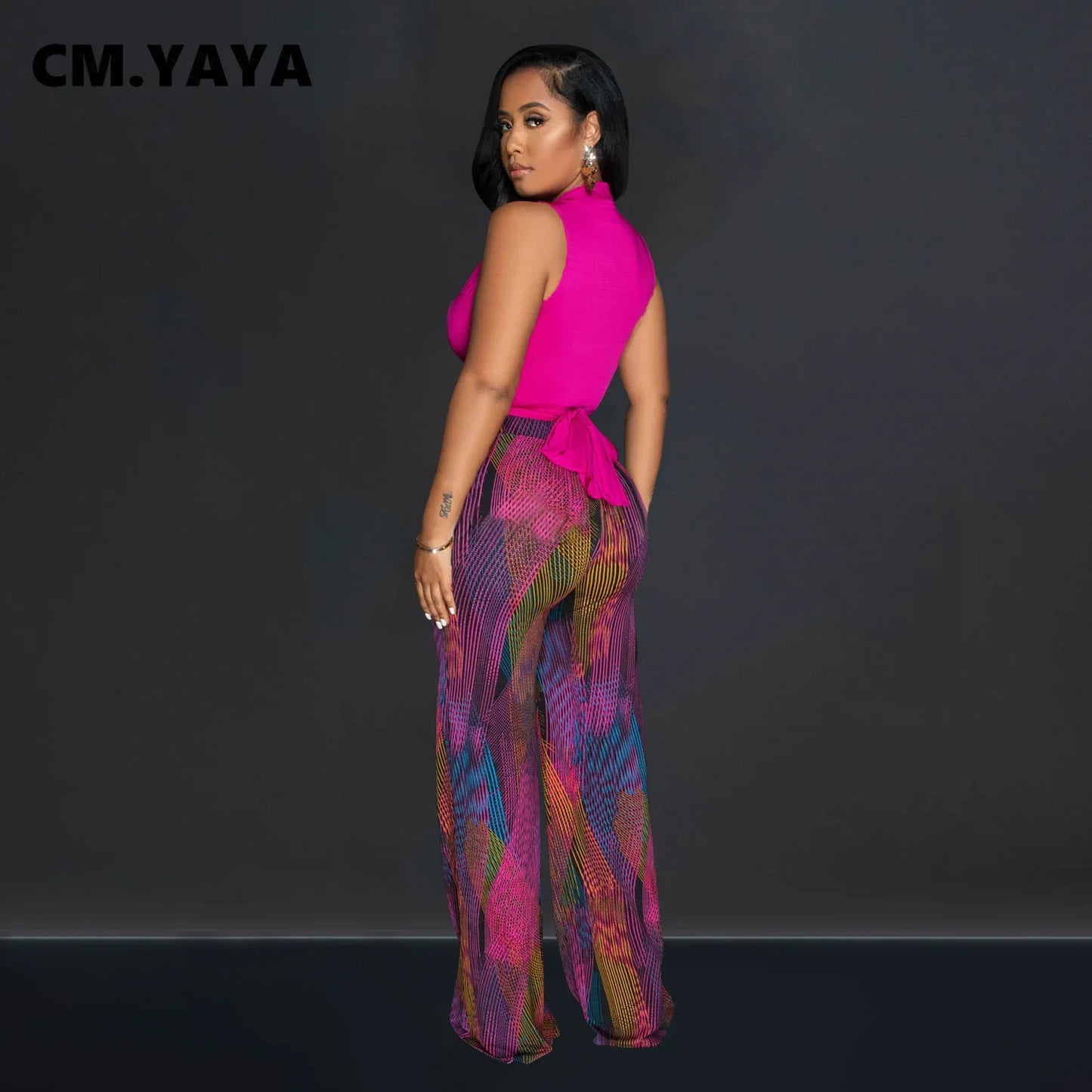 CM.YAYA Women's Set Wrap V-neck Tie Up Tank Top and Galaxy Striped Wide Leg Pants 2023 Street Two 2 Piece Sets Outfits Tracksuit