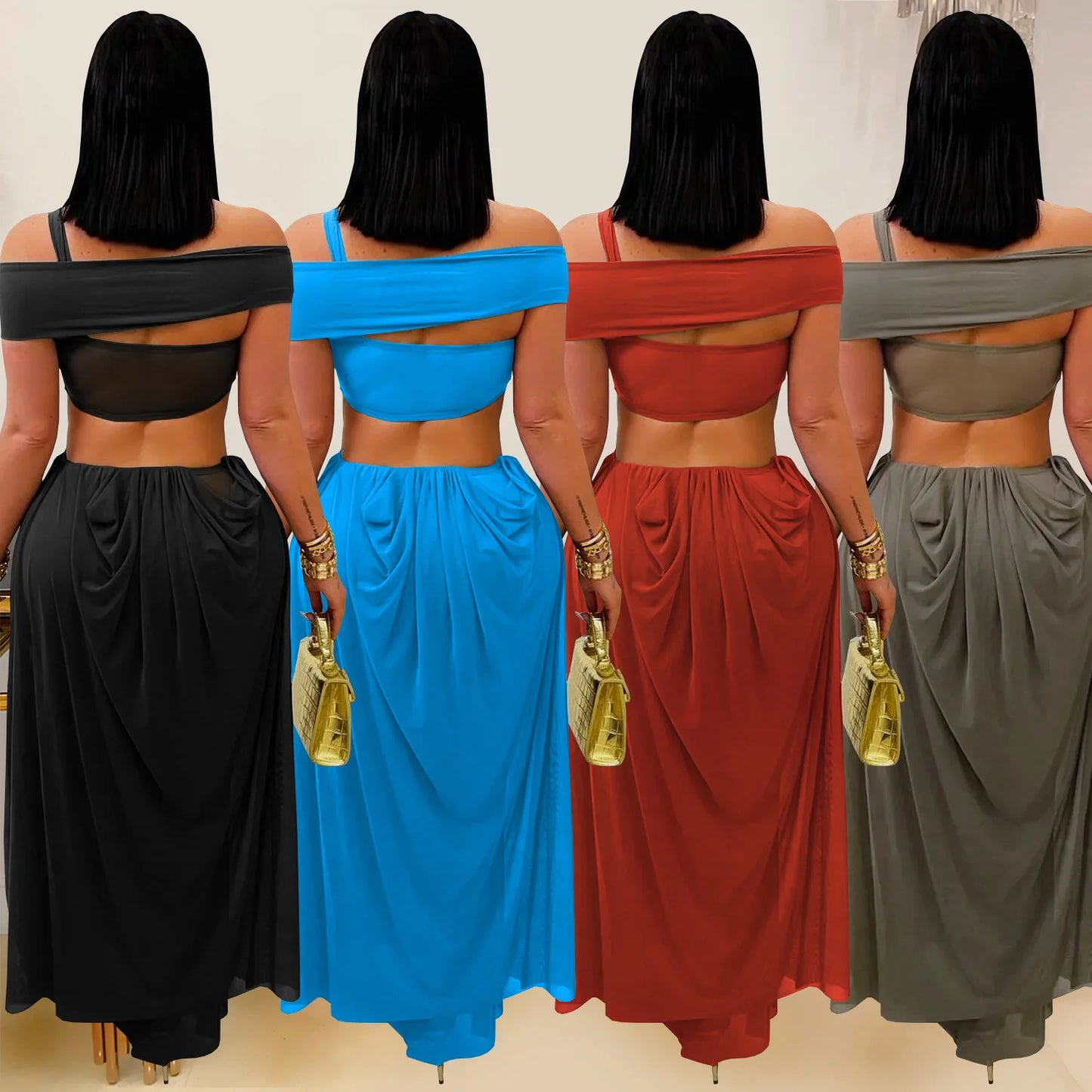 Joskaa 2025 Women's Elegant One Shoulder Strapless Mesh Irregular Maxi Dress Sexy Hollow Backless Skinny Evening Gown Clubwear