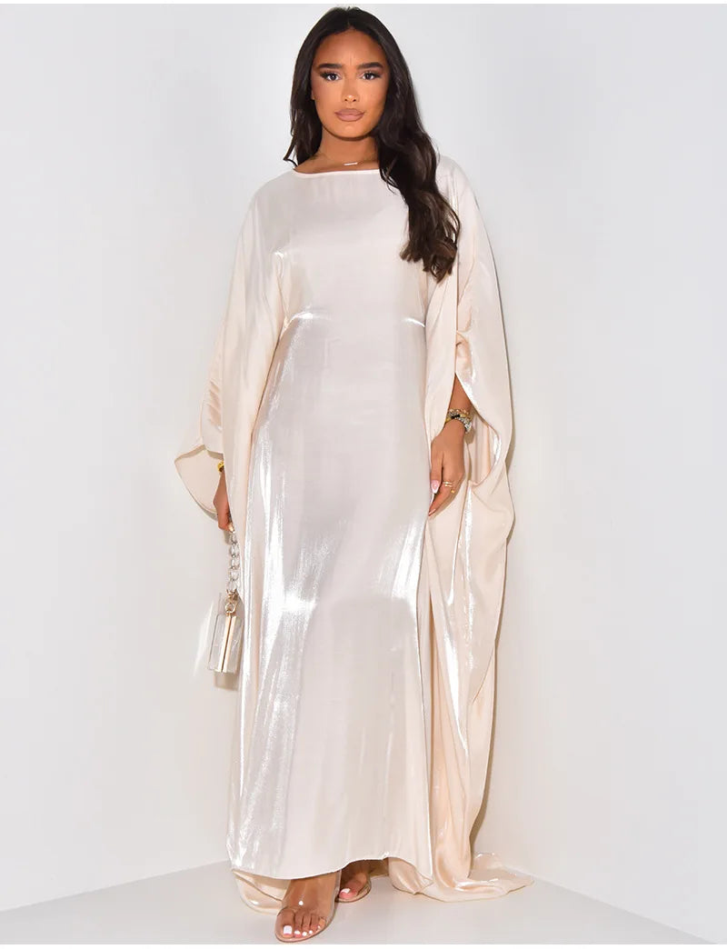 CM.YAYA Women Loose O-neck Full Batwing Sleeve Long Maxi Dress Summer Satin Vintage Africa Streetwear Vestido Evening Dresses