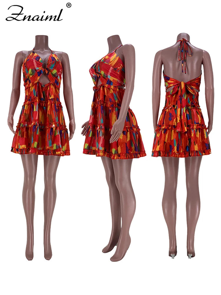 Znaiml Halter Sleeveless V-neck Backless Cut Out Ruffles Beach Mini Dresses Women Vacation Floral Print A-line Summer Outfits