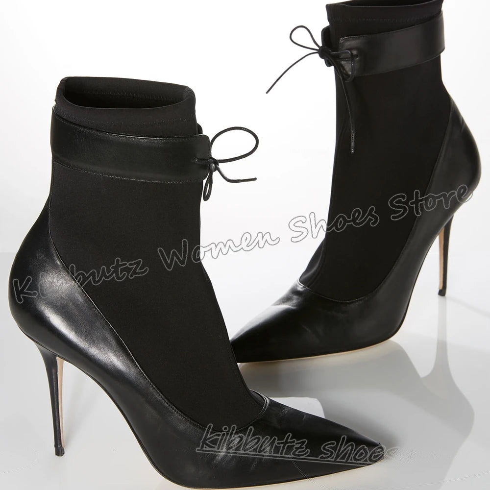 Patchwork Ankle Boots Lace-Up Leather Solid Color Novelty Luxury Elegant Concise Sexy Fashion Women Shoes New Pointy Thin Heels