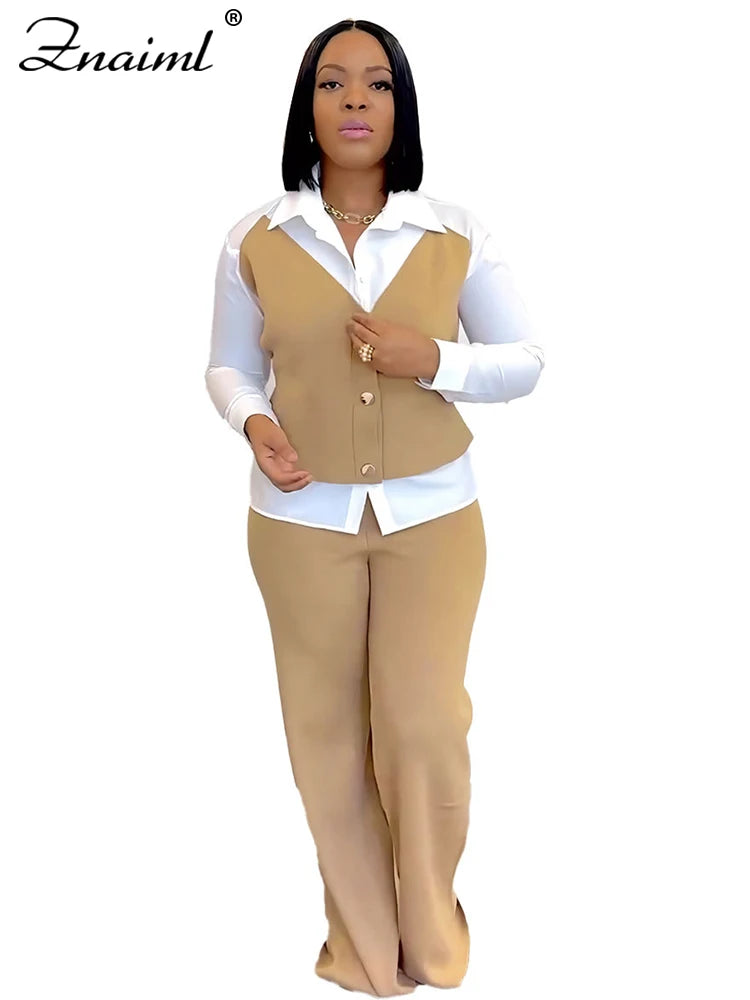 Znaiml Elegant Office Women's Long Sleeve Patchwork Vest Shirt and Straight Pants Two 2 Piece Sets Work Suits Matching Outfits