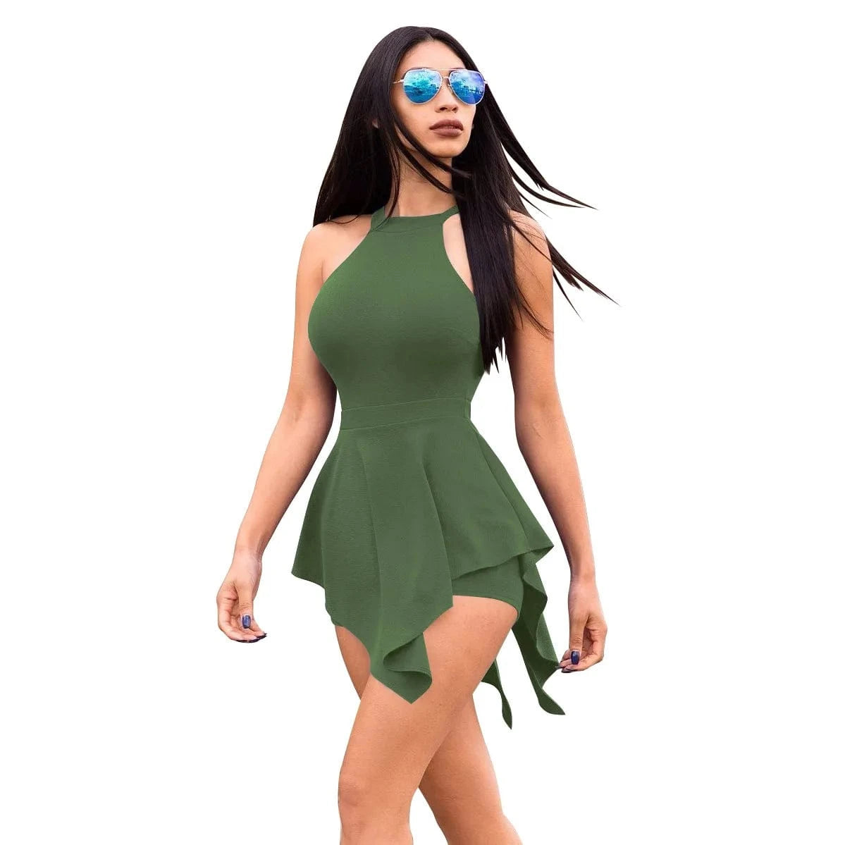 Blue Ruched Casual Playsuit Sexy Women O-neck Bodycon Backless Club Romper Overalls