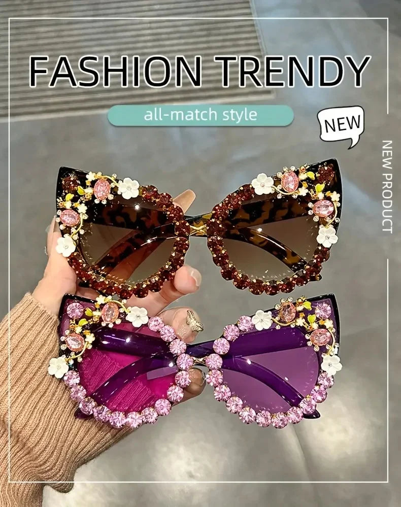 Luxury Rhinestone Flower Sunglasses Cat Eye Gradient Decorative Shades Props For Costume Party Prom