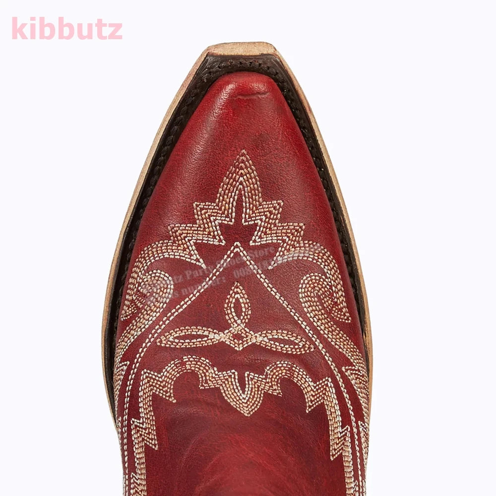 Rivet Cowboy Vintage Boots Over The Knee High Embroidery Lace-Up Luxury Leather Pointed Toe Chunky Heels Fashion Concise Shoes