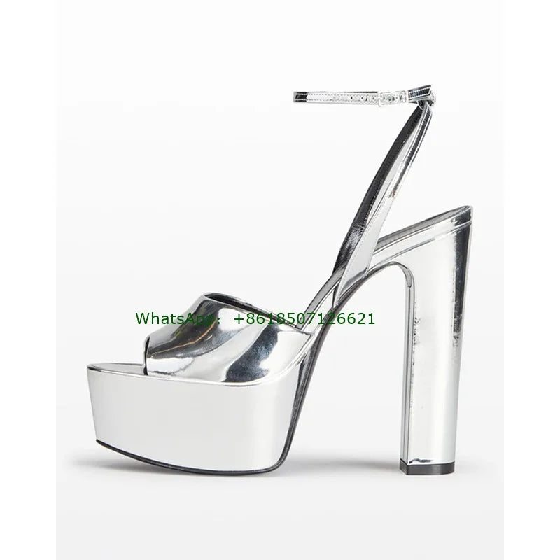 Silver Patent Leather Crystal Buckle Platform Sandals for Women