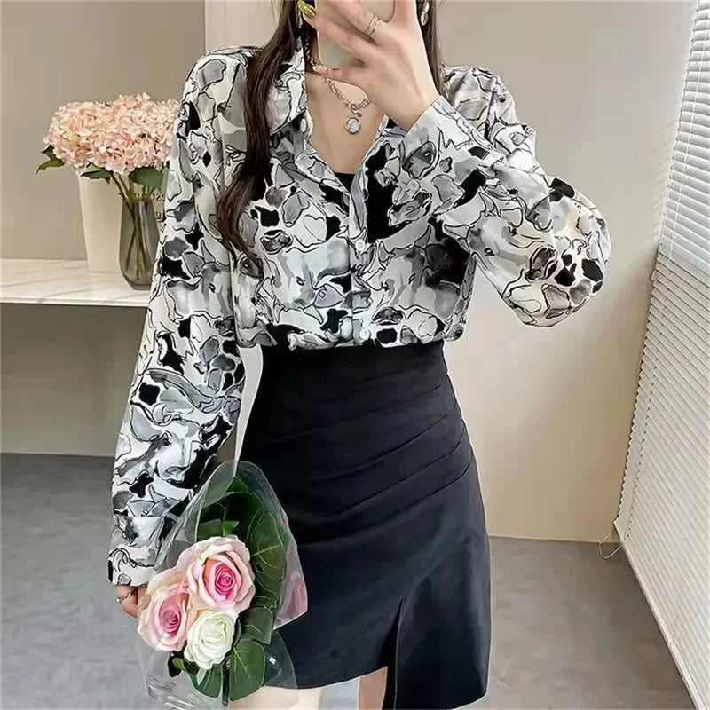 Shirt Women's Design Sense Niche Long-Sleeved Blousers 2025 Spring And Autumn Korean Retro Buttton Chiffon Shirt Top Printed 102