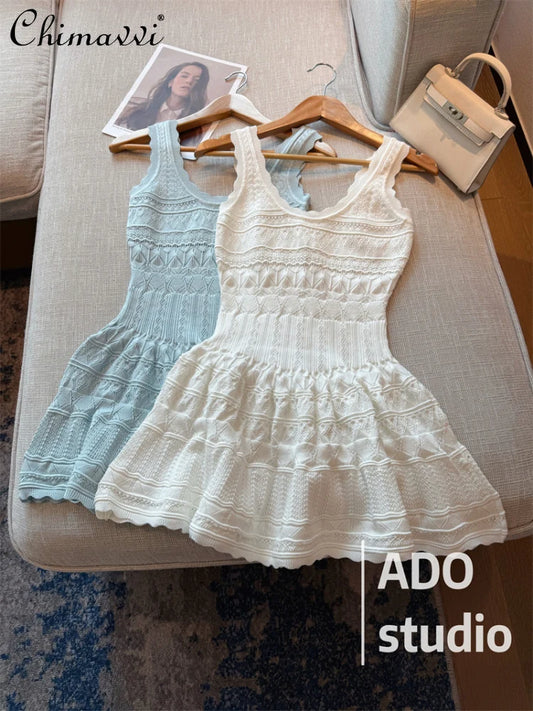 White Sweet A-line Ruffle Edge Knitted Vest Dress Women's Summer French Fashion Slim Temperament Sexy Girl Hollow Short Dress