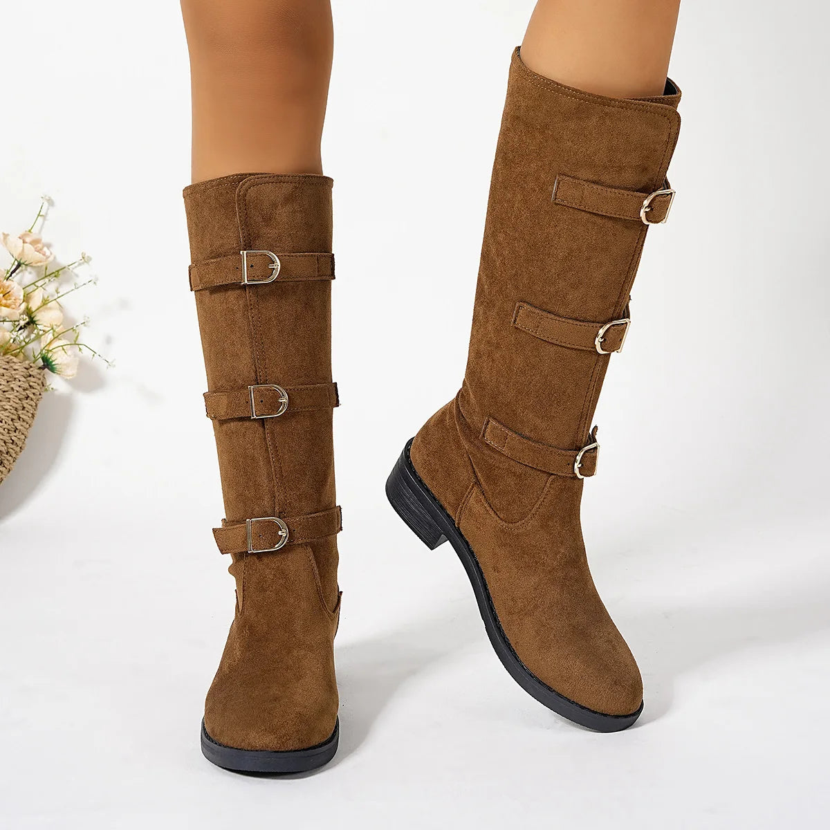 Suede Buckle Knee-High Square Heel Boots for Women