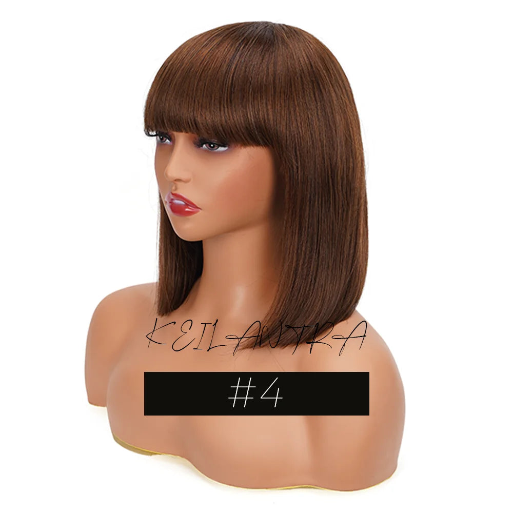 Straight Human Hair Bob Wigs with Bangs Remy Full Machine Made for Women Hightlight Burgundy Brown Colored BOB Wig