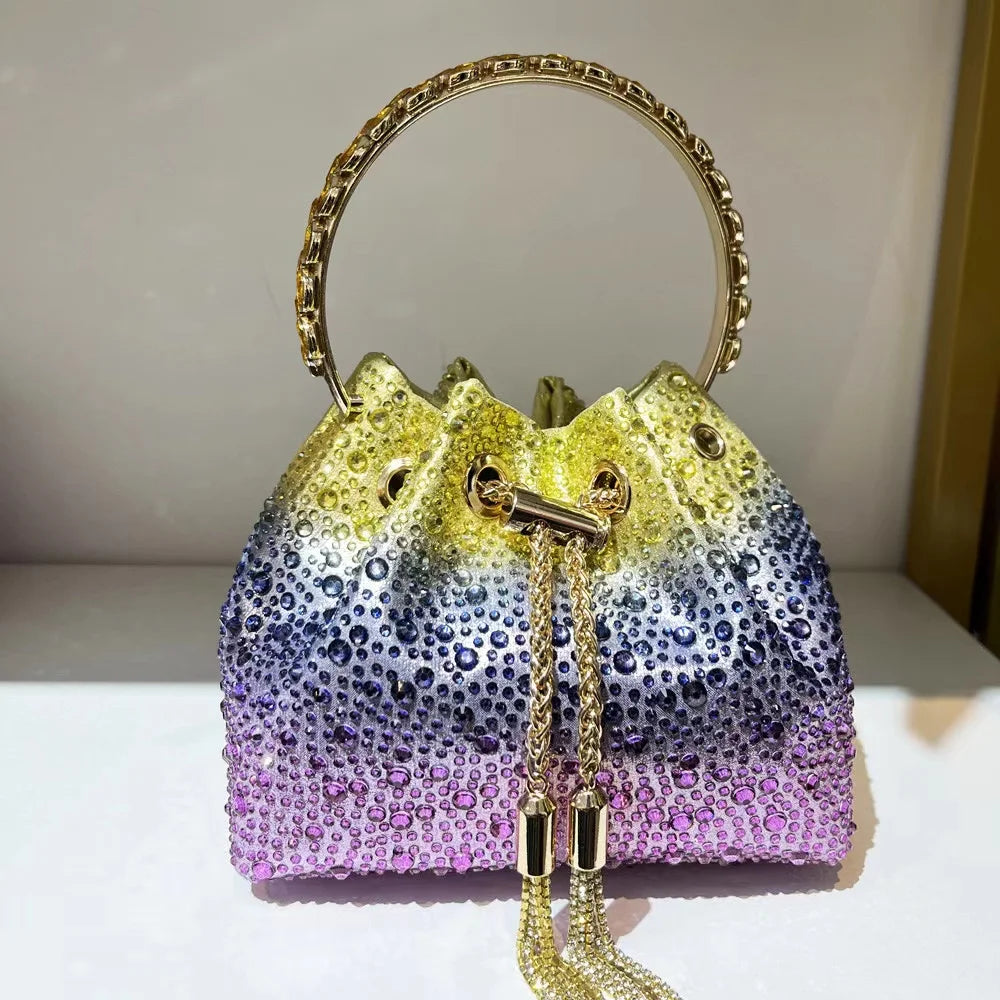 Crystal Shiny Diamonds Bucket Bag Fashion Women Handbag Metal Ring Handle Evening Bag Wedding Party Clutch Purse Crossbody Bag