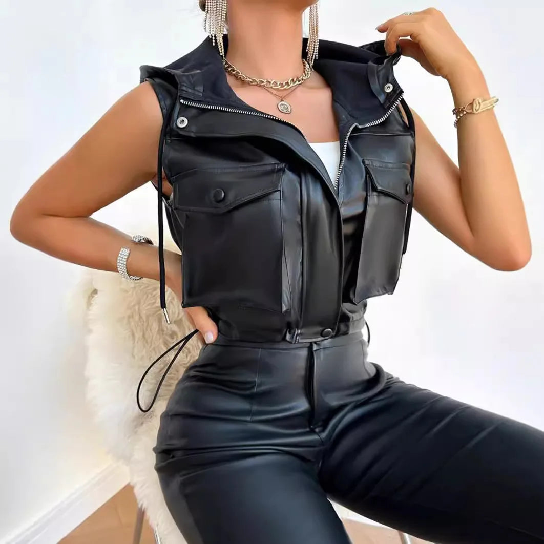 European and American fashion women's draw rope with hat three-dimensional pocket zipper PU leather vest for women