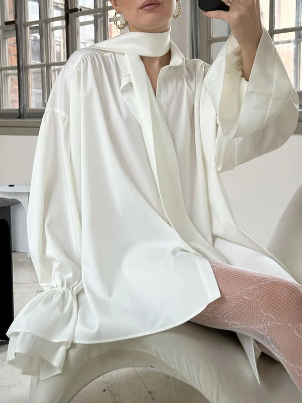 Womens Elegant Blouses & Shirts 2025 Spring Summer Solid Layered Flared Long Sleeves Female Chic Tied Tops Blouse