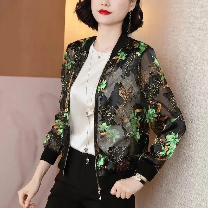 Fashion Print Jacket Female Spring Top 2024Summer UV Protection Joker Short Chiffon Sunscreen Clothing Female Top Thin Shirt Top